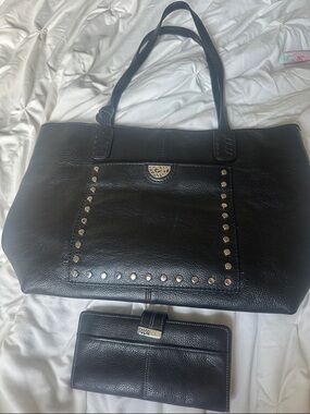 Brighton Black Leather Tote with Matching Wallet and Gold Stud Accents
